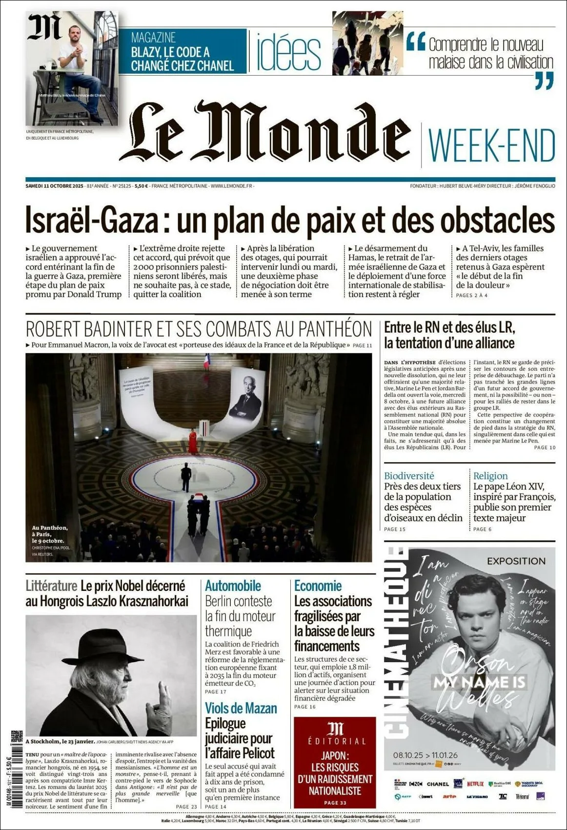 Portada de Le Monde del sábado, 11 de octubre de 2025