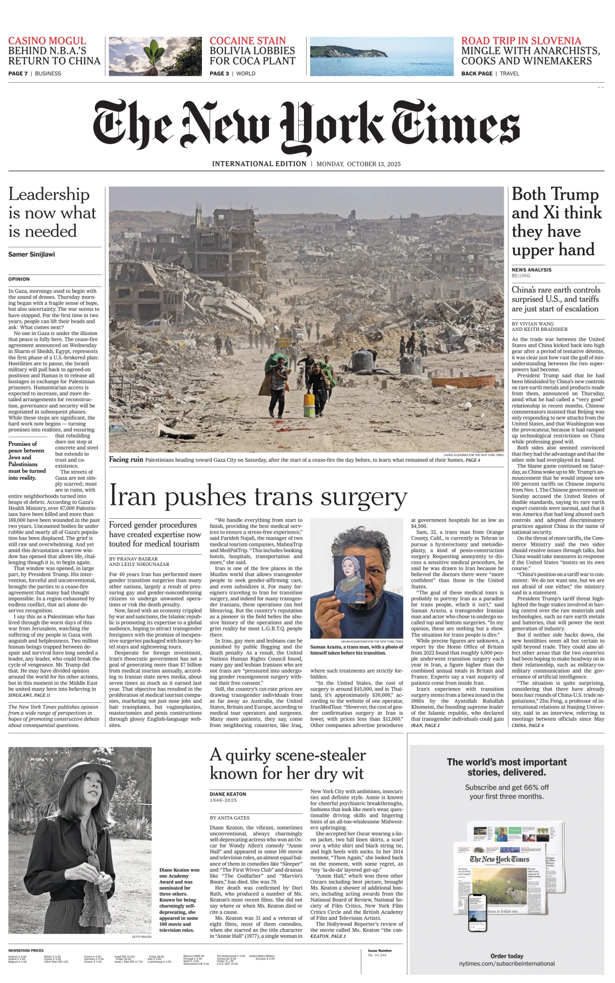 Portada de The New York Times (international) del lunes, 13 de octubre de 2025