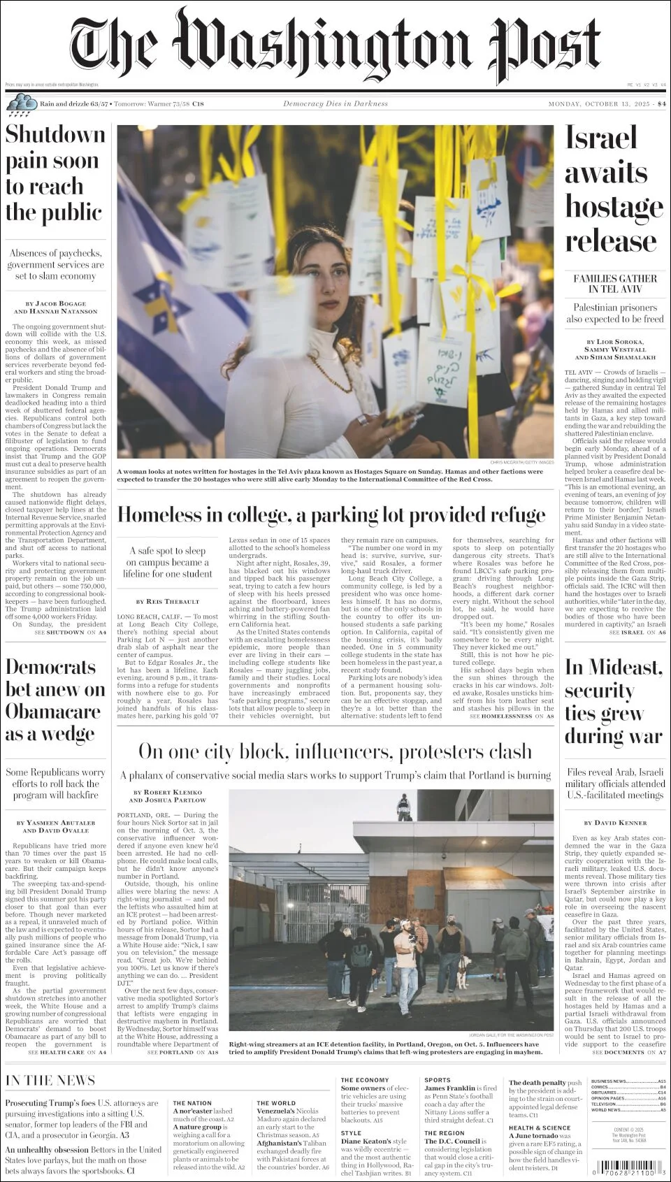 Portada de The Washington Post del lunes, 13 de octubre de 2025