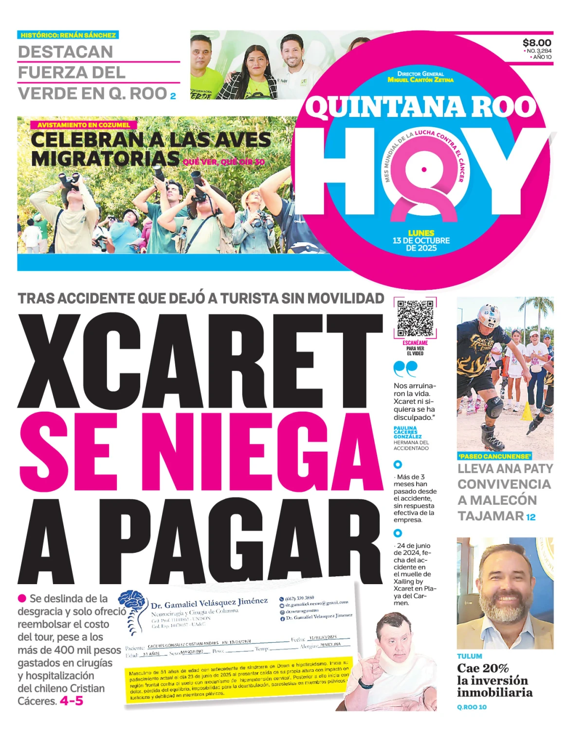 Portada de Quintana Roo Hoy (portada) del lunes, 13 de octubre de 2025