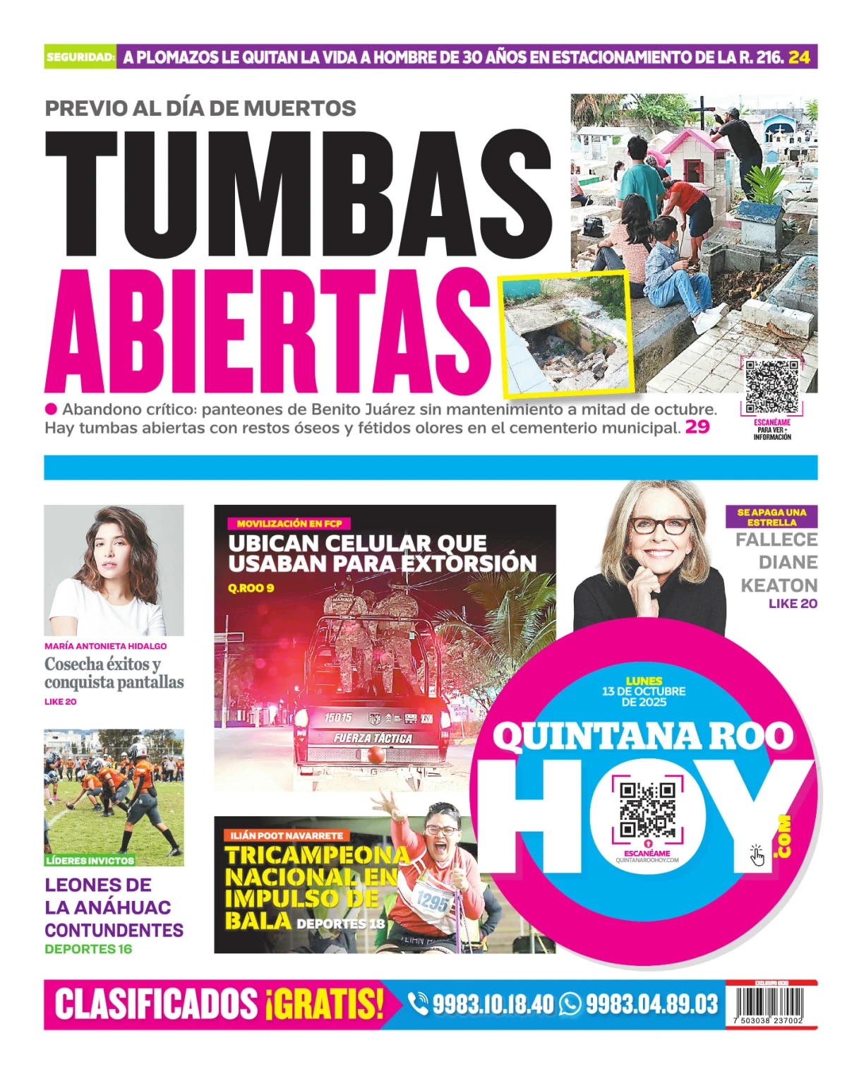 Portada de Quintana Roo Hoy (contraportada) del lunes, 13 de octubre de 2025