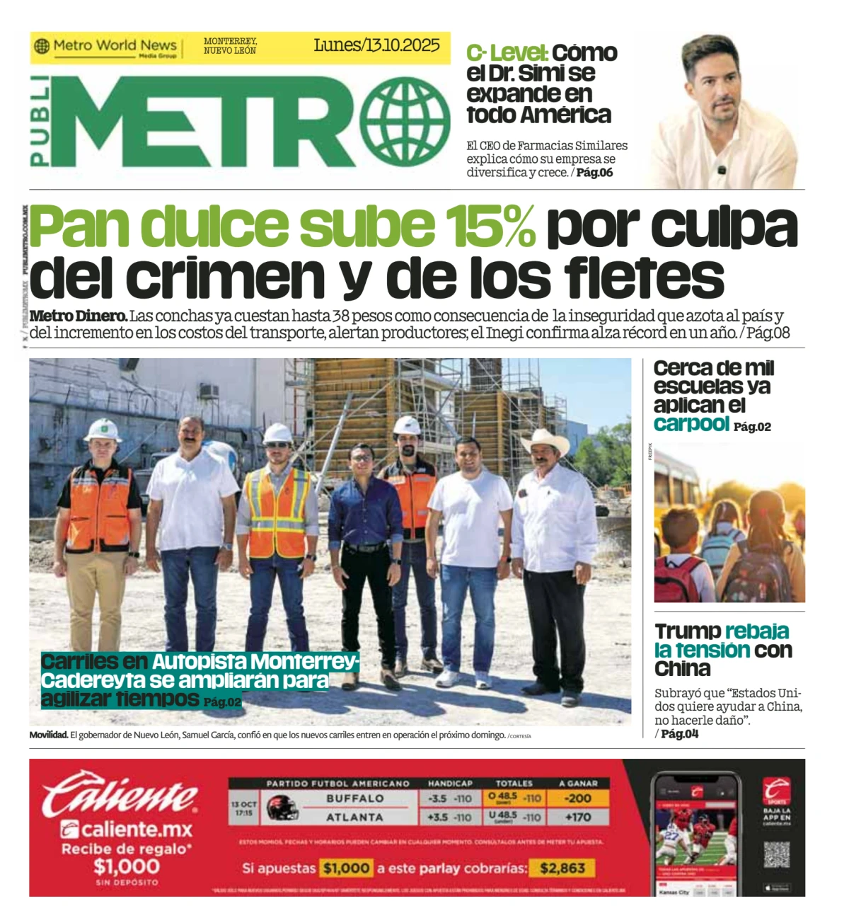 Portada de Publimetro Monterrey del lunes, 13 de octubre de 2025