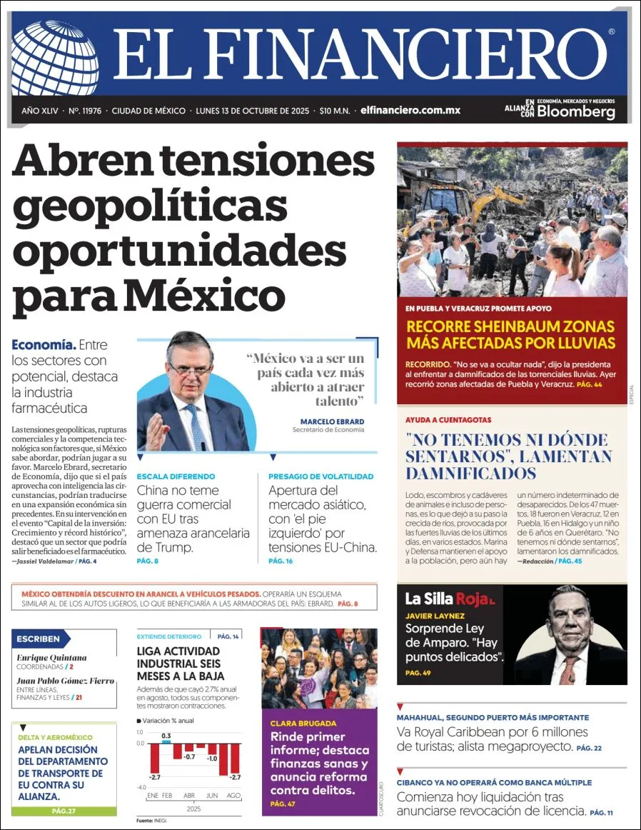Portada de El Financiero del lunes, 13 de octubre de 2025