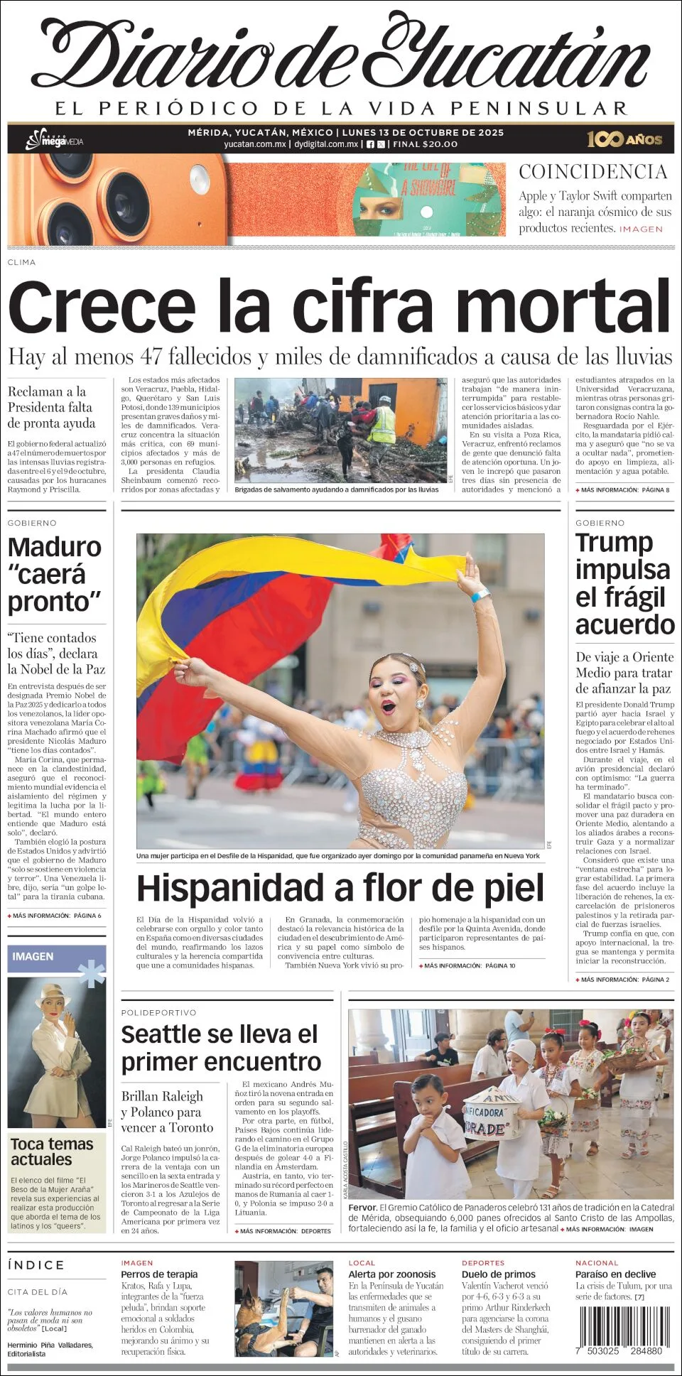 Portada de Diario de Yucatán del lunes, 13 de octubre de 2025