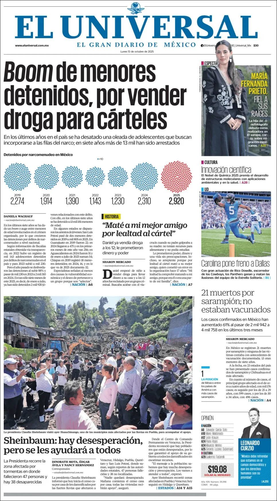 Portada de El Universal del lunes, 13 de octubre de 2025