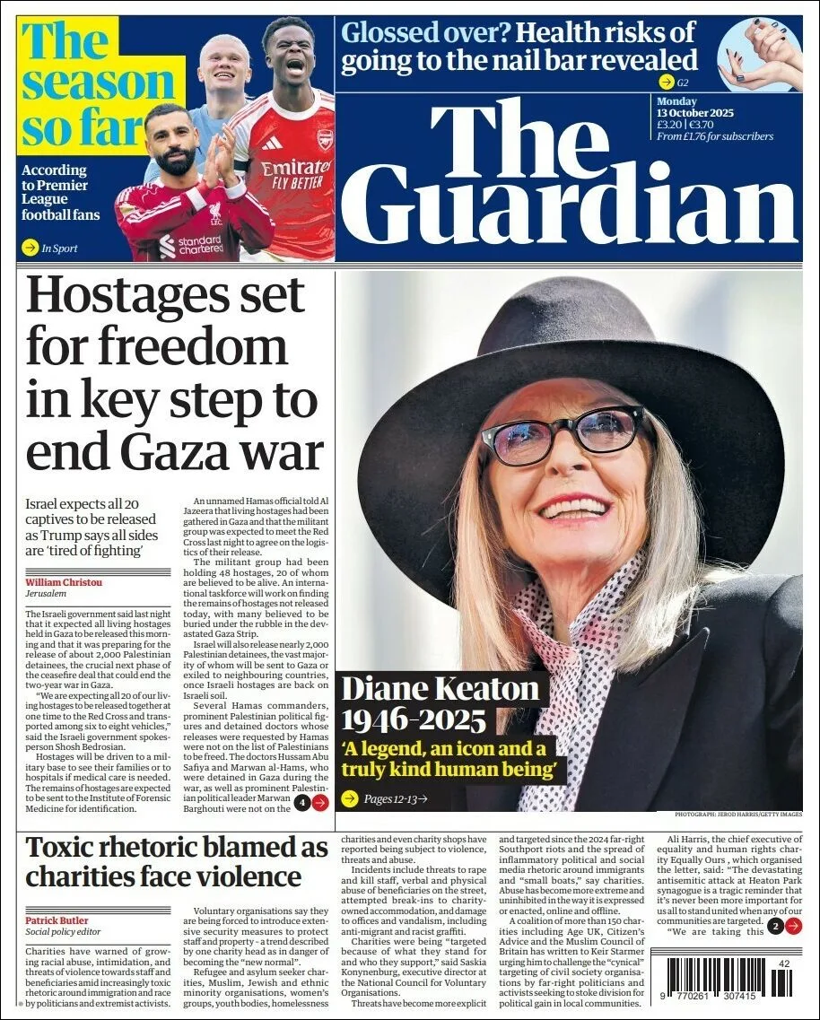 Portada de The Guardian (reino Unido) del lunes, 13 de octubre de 2025