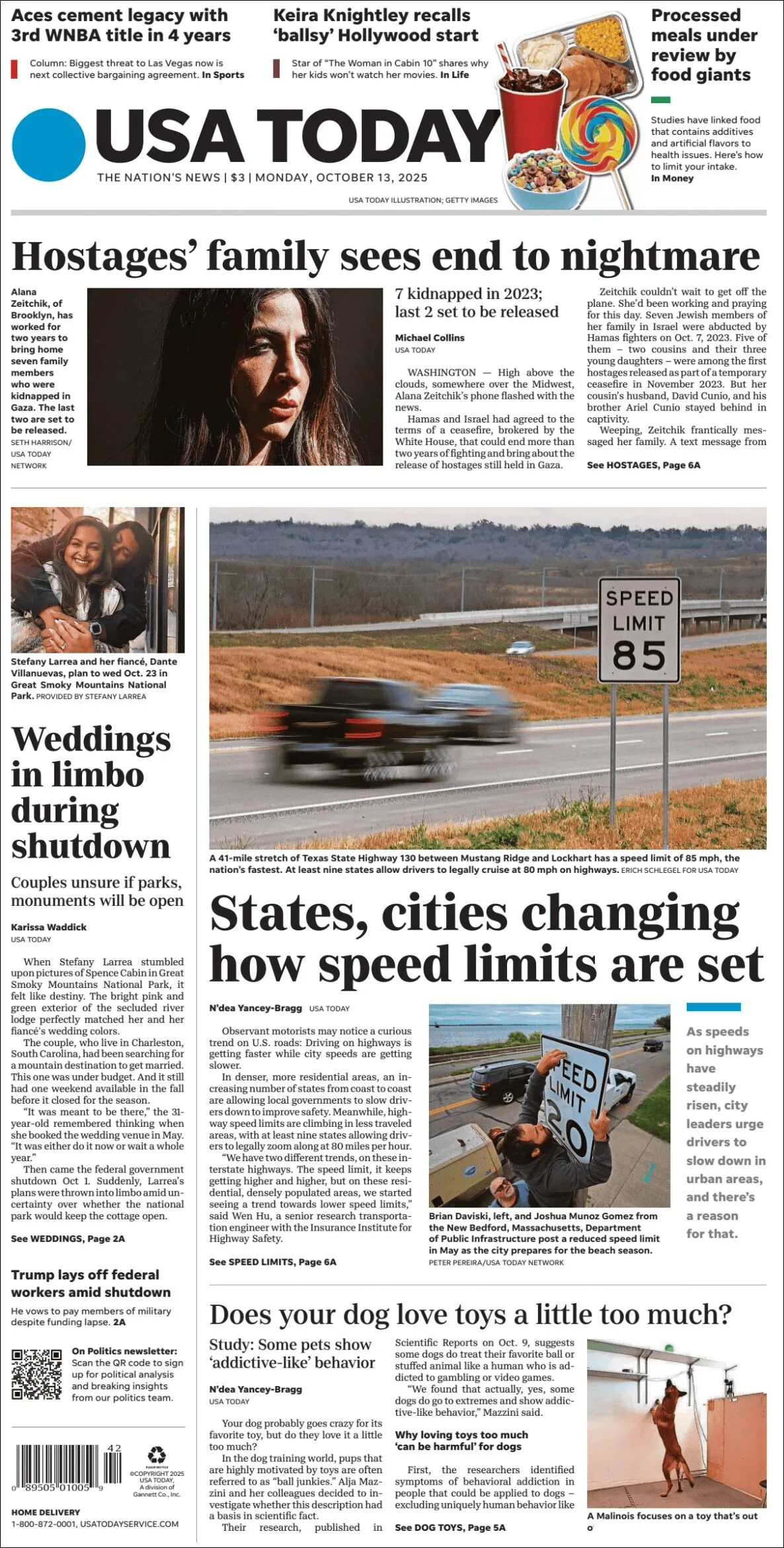 Portada de Usa Today del lunes, 13 de octubre de 2025