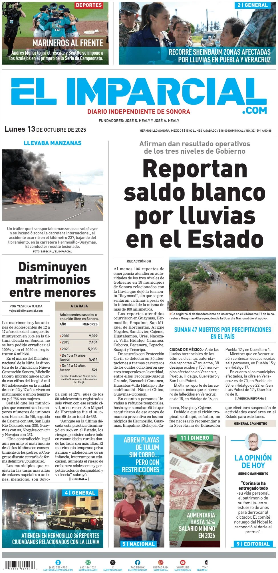 Portada de El Imparcial del lunes, 13 de octubre de 2025