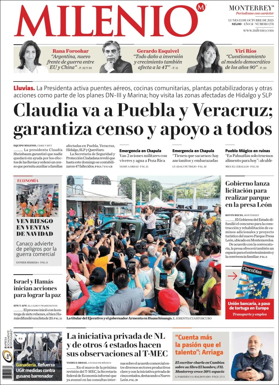 Portada de Milenio del lunes, 13 de octubre de 2025