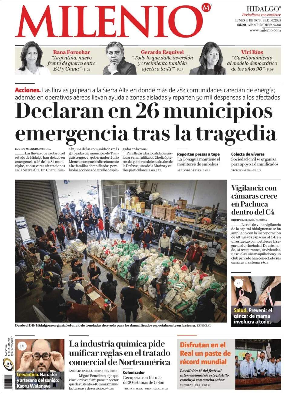 Portada de Milenio Hidalgo del lunes, 13 de octubre de 2025