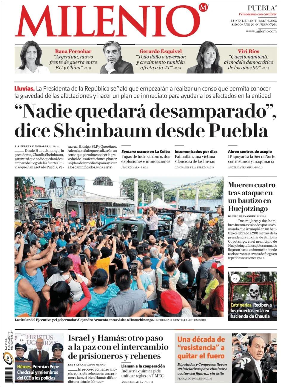 Portada de Milenio Puebla del lunes, 13 de octubre de 2025