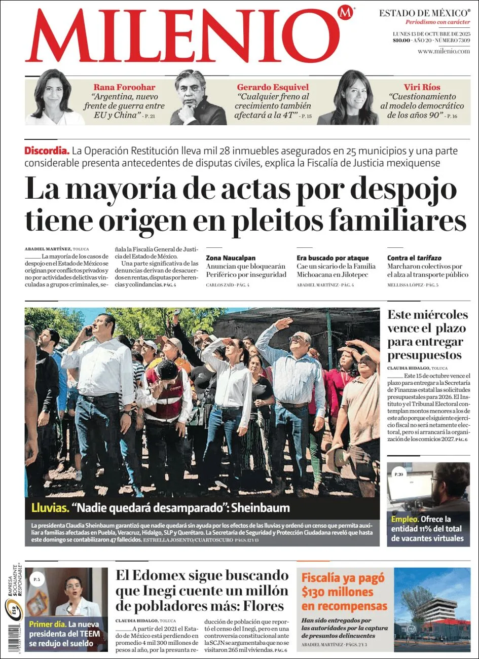 Portada de Milenio Edo de Mexico del lunes, 13 de octubre de 2025