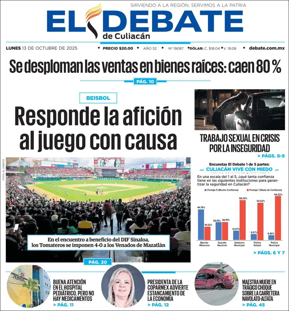 Portada de El Debate de Culiacan del lunes, 13 de octubre de 2025