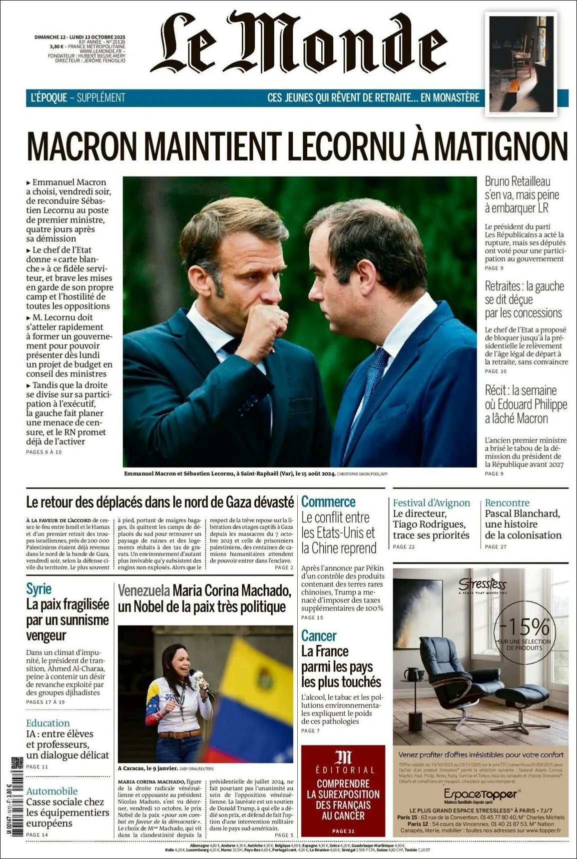 Portada de Le Monde del lunes, 13 de octubre de 2025