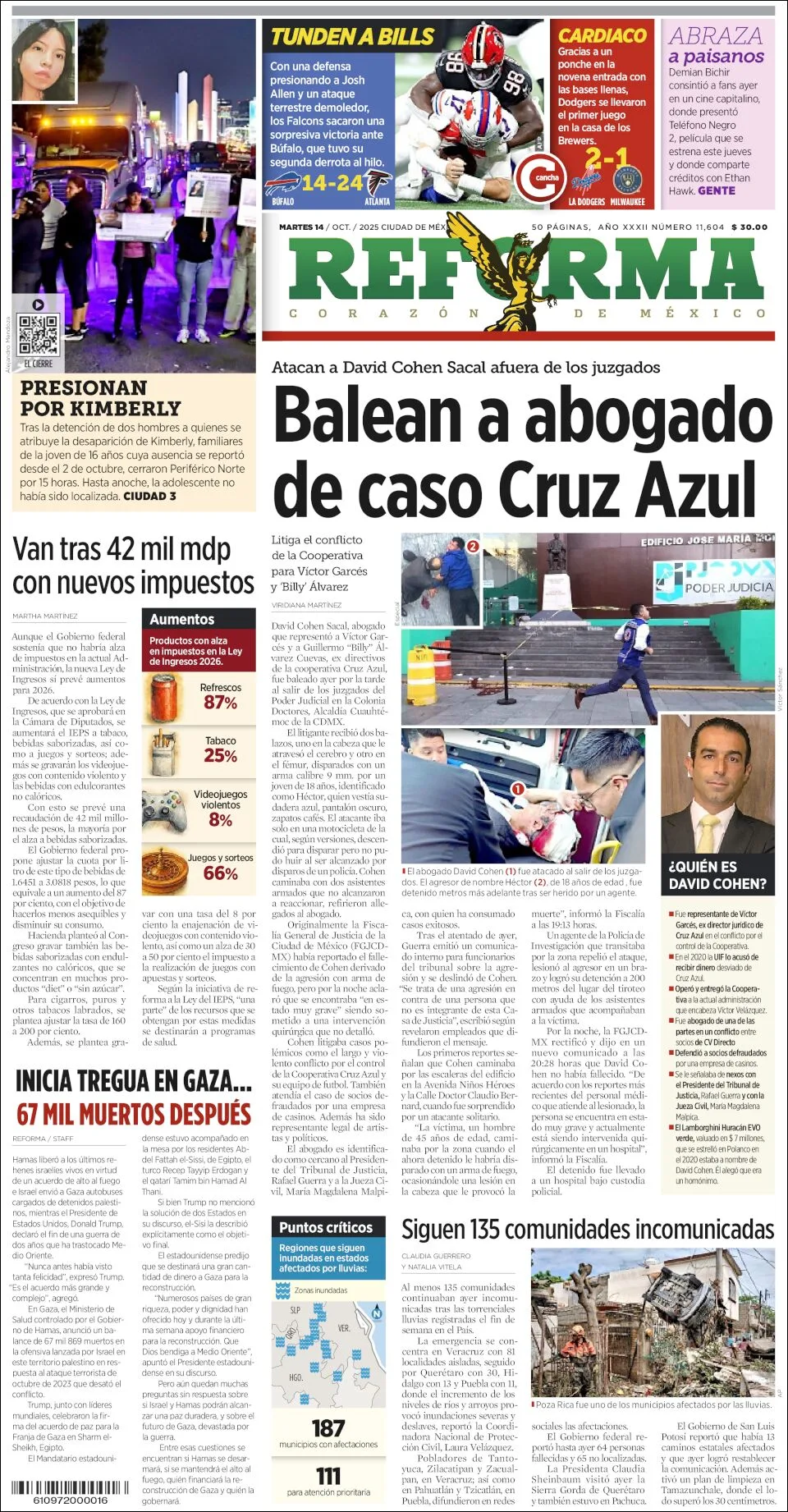 Portada de Reforma del martes, 14 de octubre de 2025
