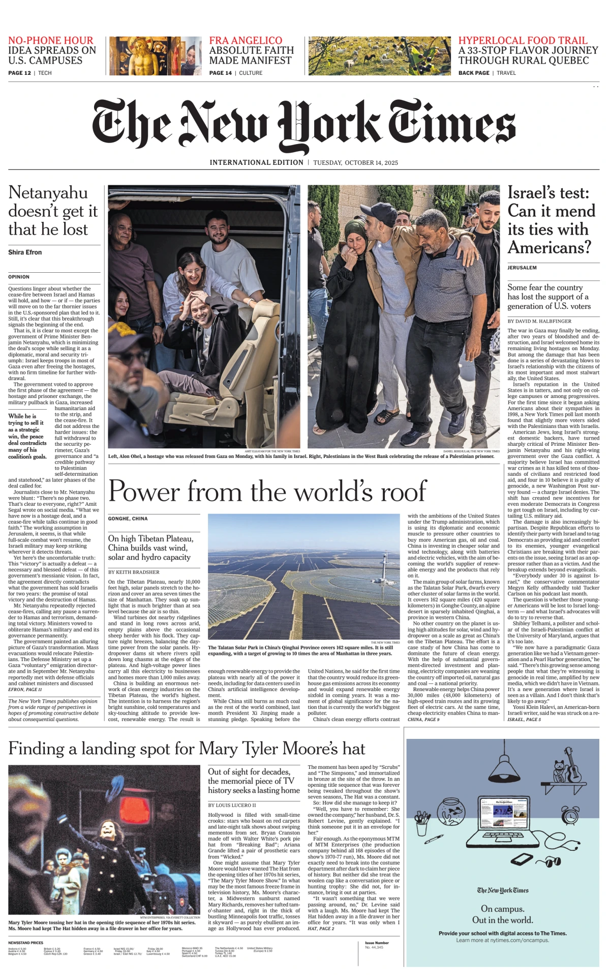 Portada de The New York Times (international) del martes, 14 de octubre de 2025