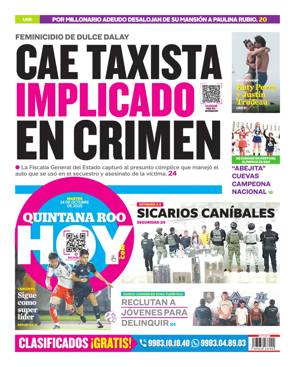Portada de Quintana Roo Hoy (contraportada) del martes, 14 de octubre de 2025