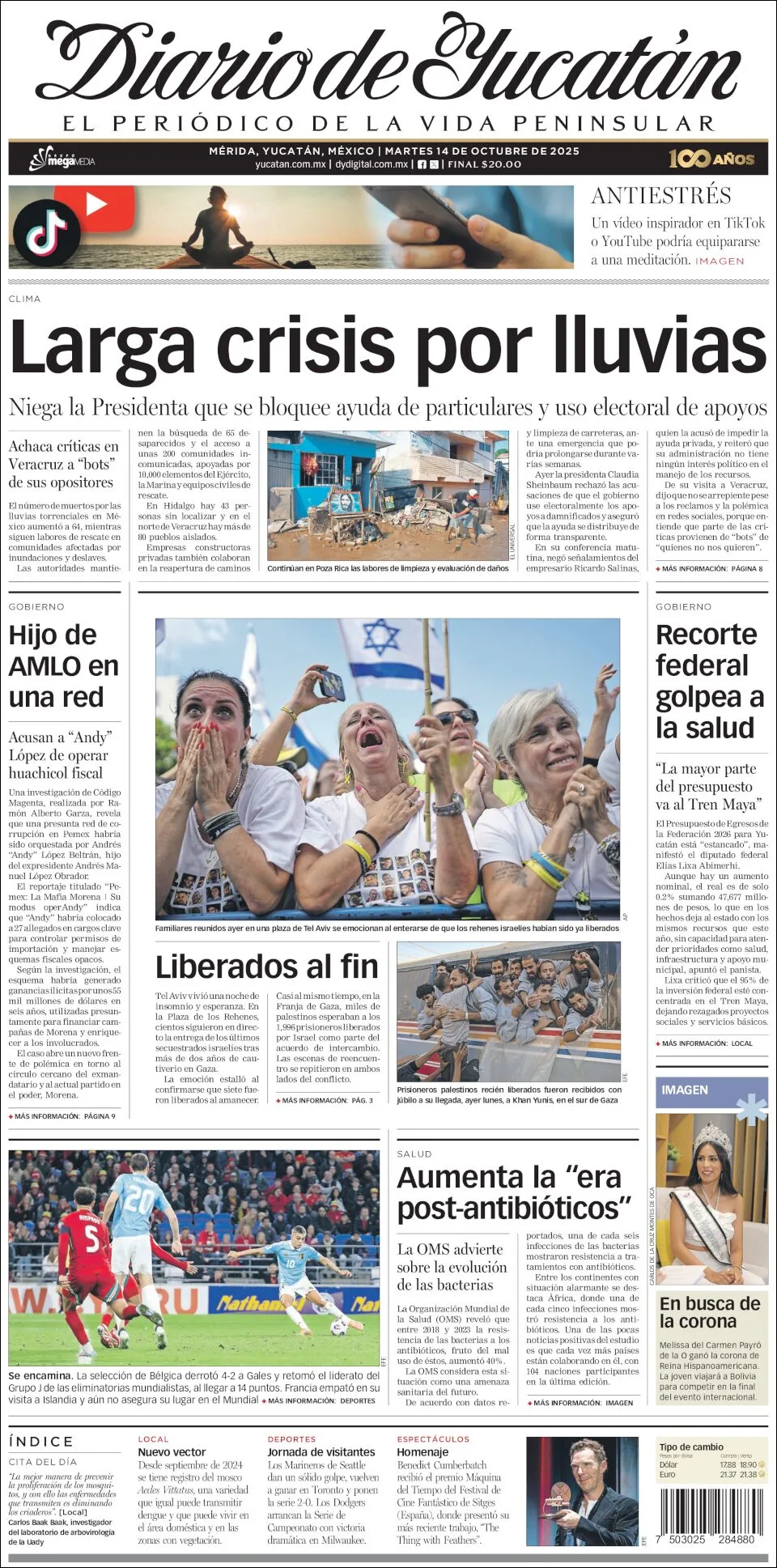 Portada de Diario de Yucatán del martes, 14 de octubre de 2025