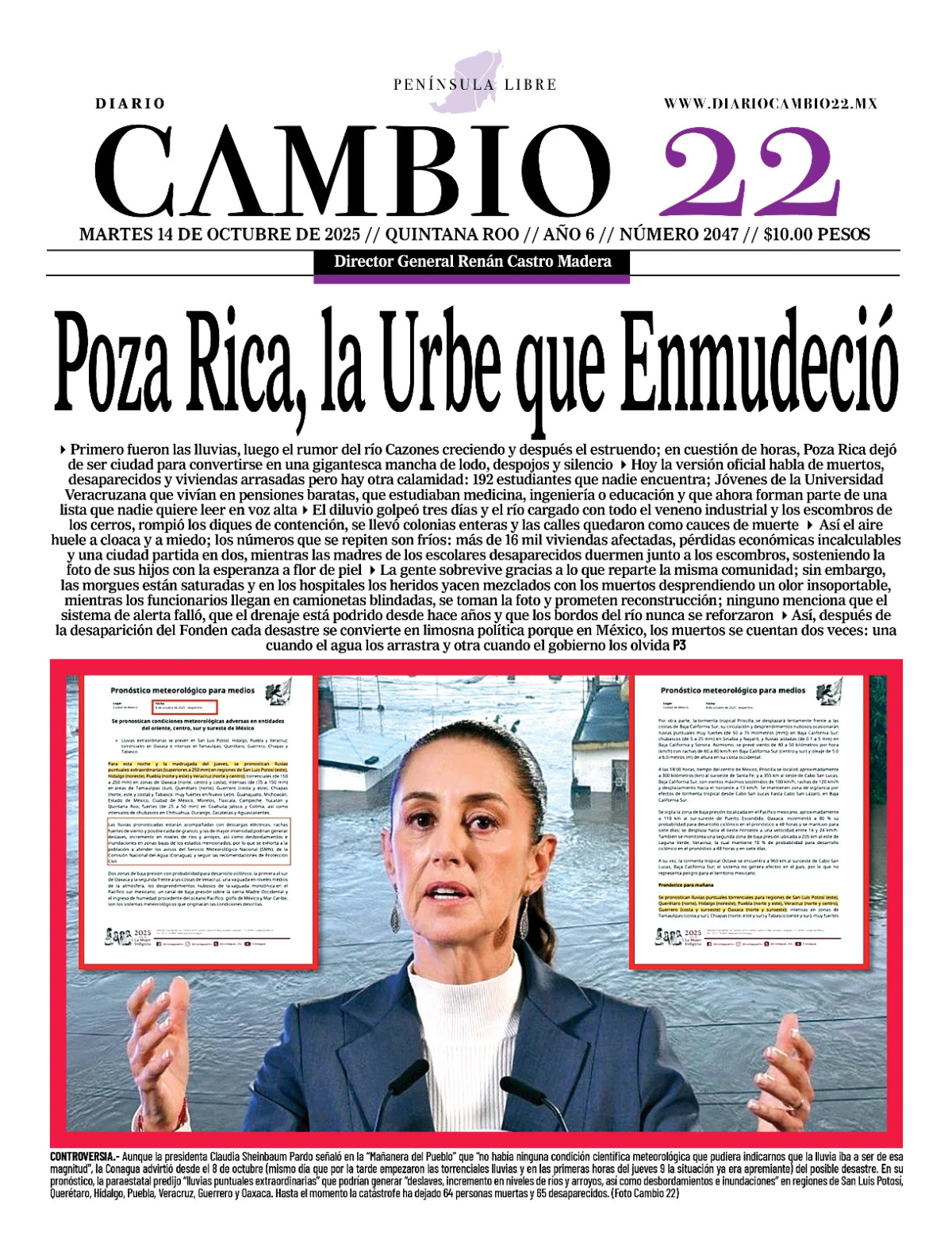 Portada de Diario Cambio 22 (portada) del martes, 14 de octubre de 2025