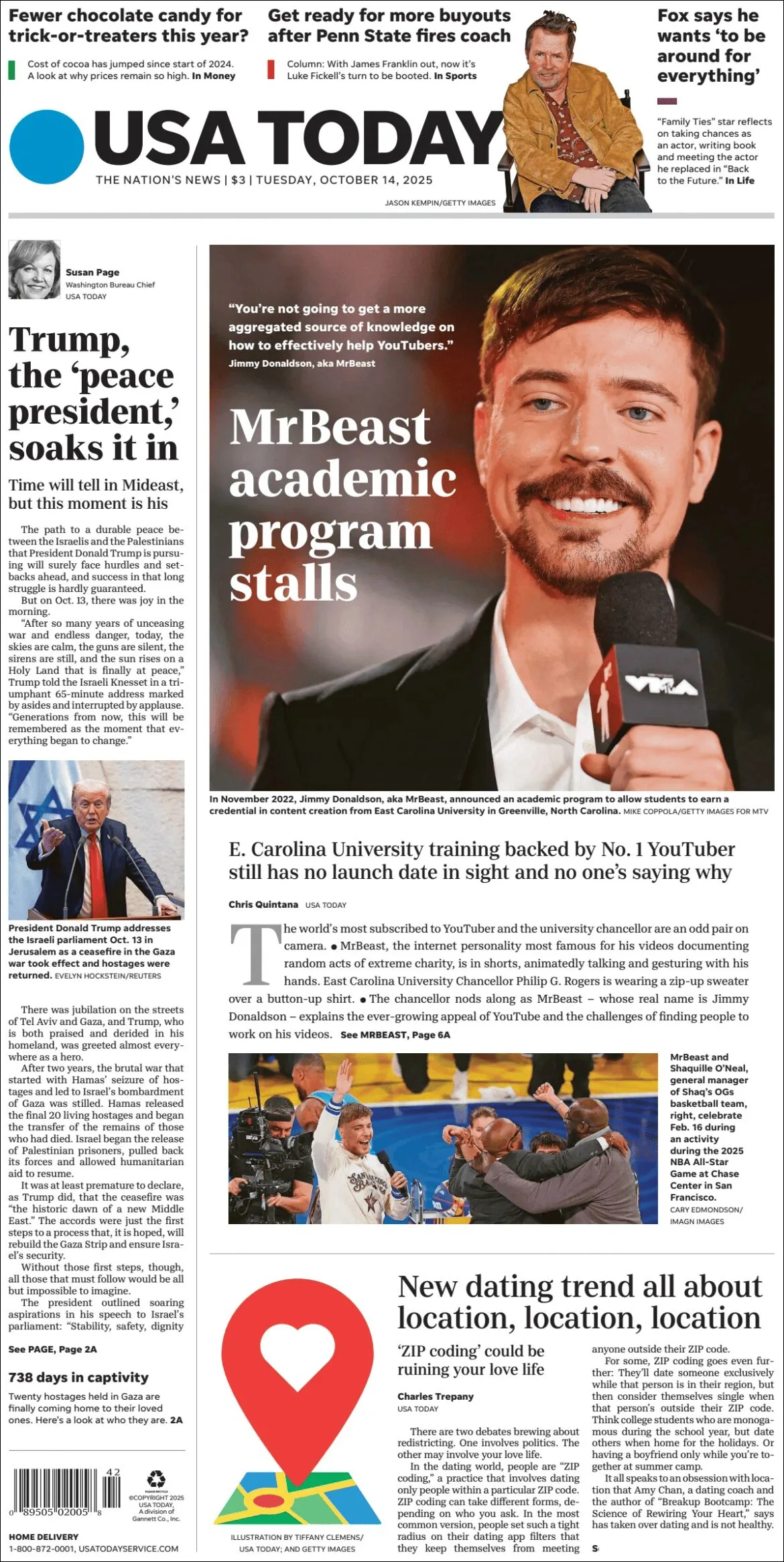 Portada de Usa Today del martes, 14 de octubre de 2025