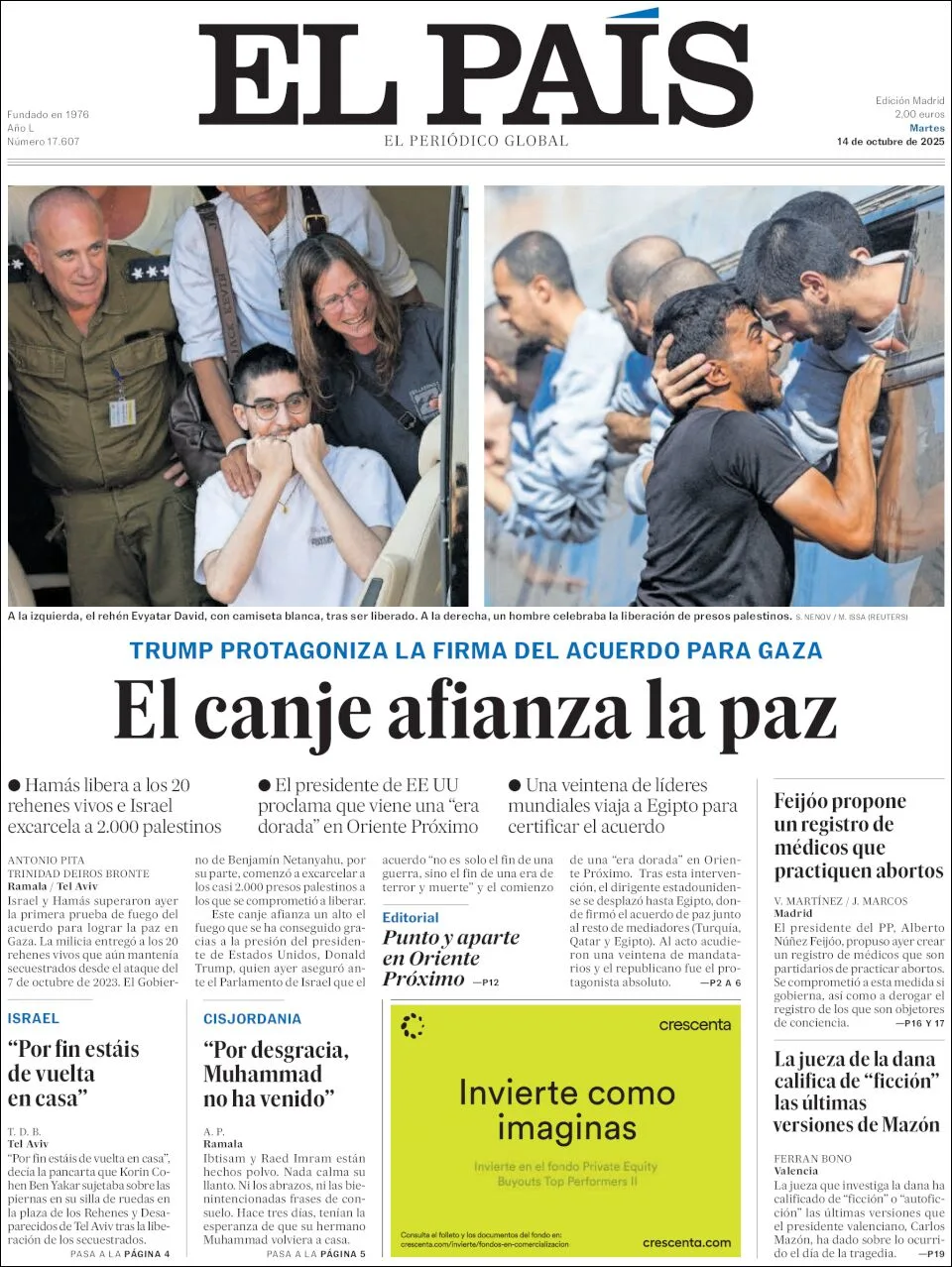 Portada de El Pais del martes, 14 de octubre de 2025