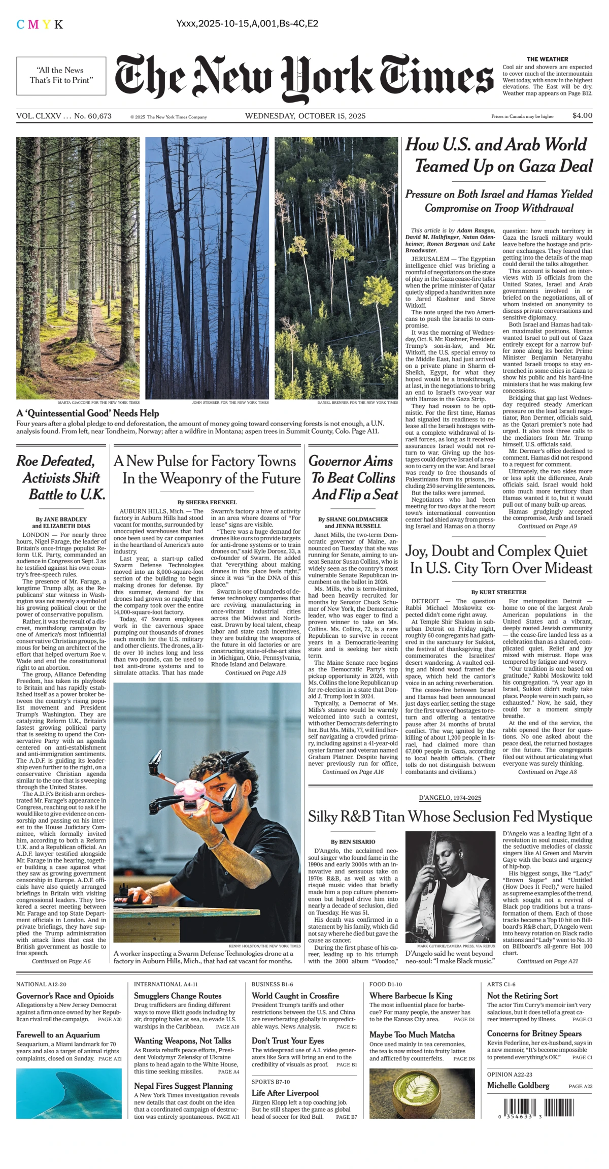Portada de The New York Times (national) del miércoles, 15 de octubre de 2025