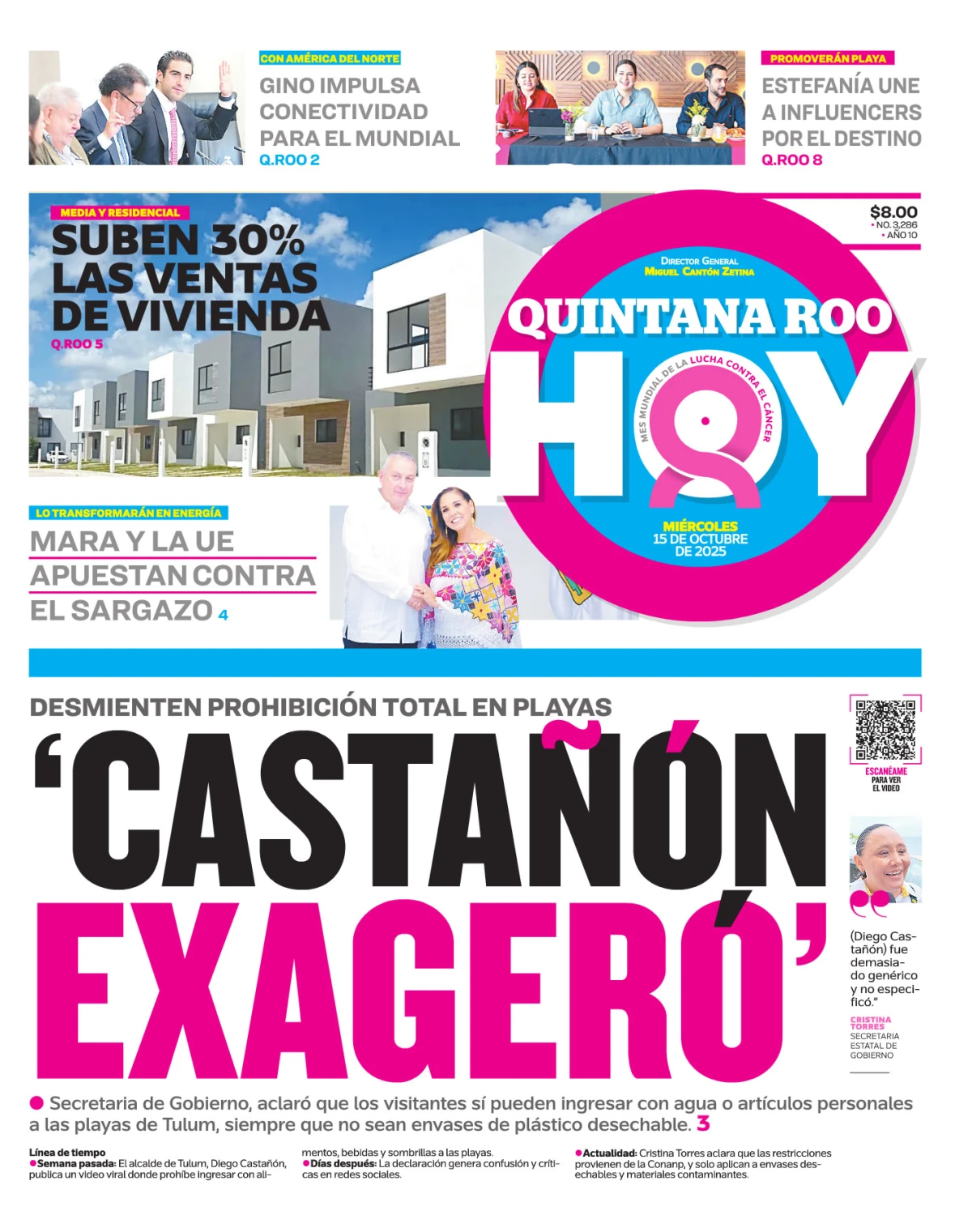 Portada de Quintana Roo Hoy (portada) del miércoles, 15 de octubre de 2025