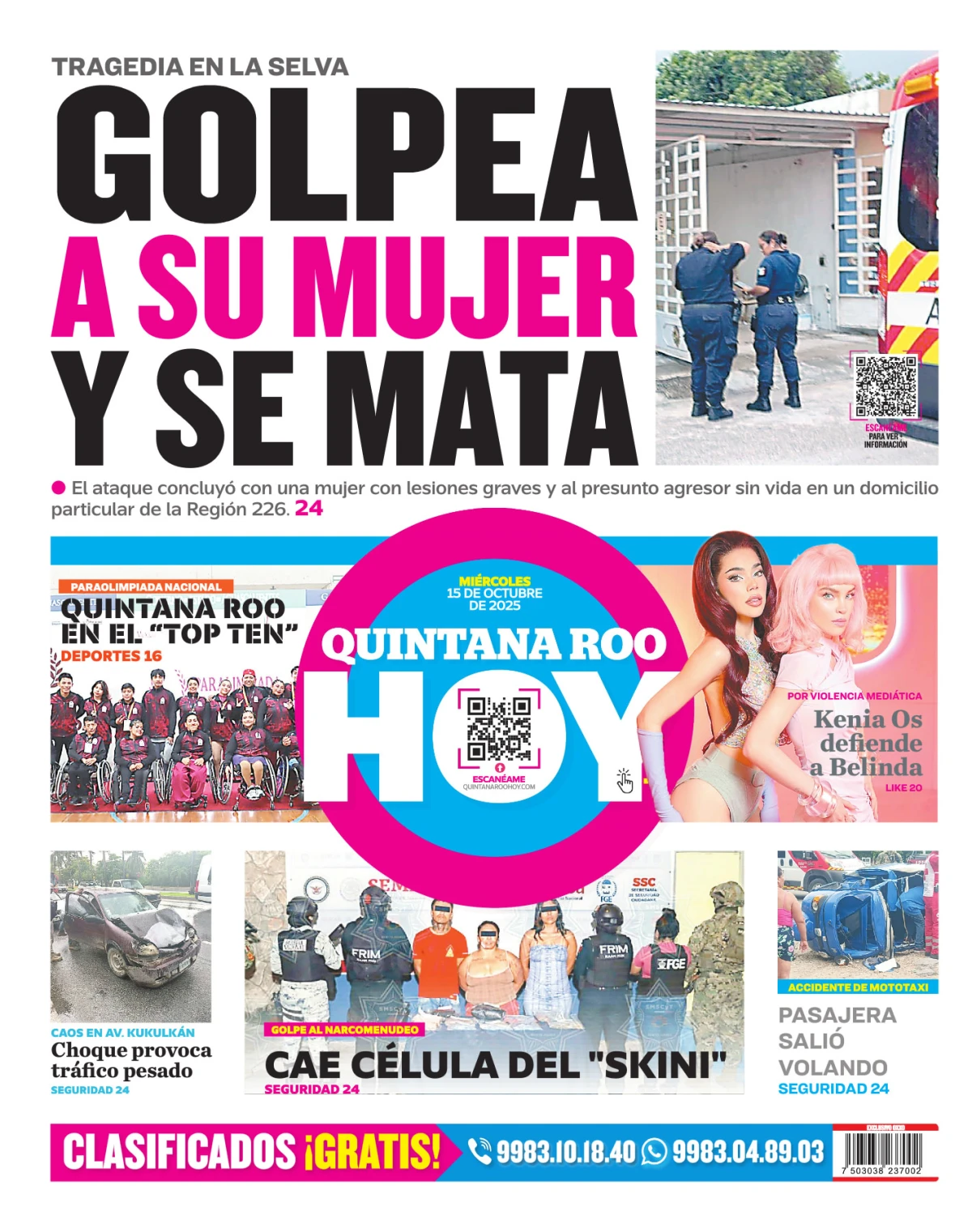Portada de Quintana Roo Hoy (contraportada) del miércoles, 15 de octubre de 2025