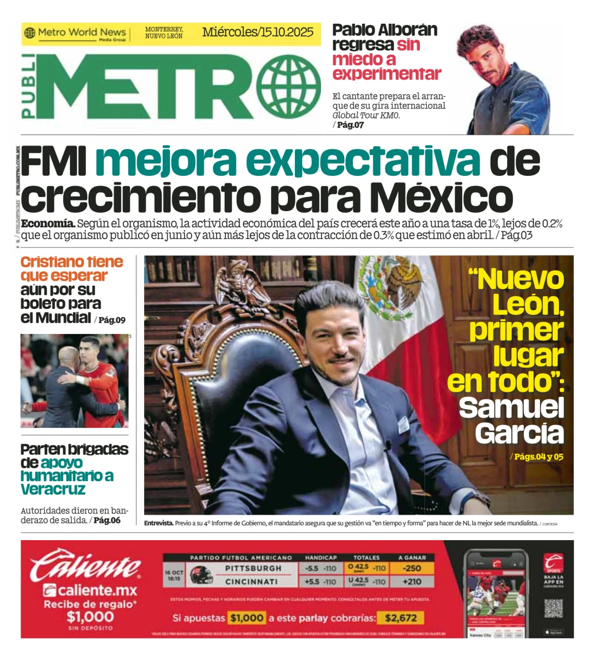 Portada de Publimetro Monterrey del miércoles, 15 de octubre de 2025