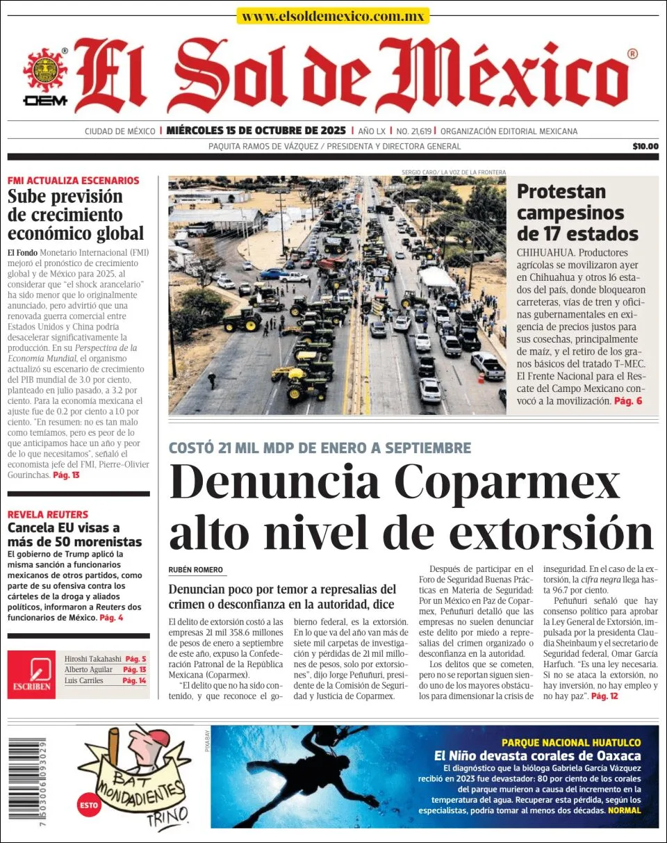 Portada de El Sol de Mexico del miércoles, 15 de octubre de 2025