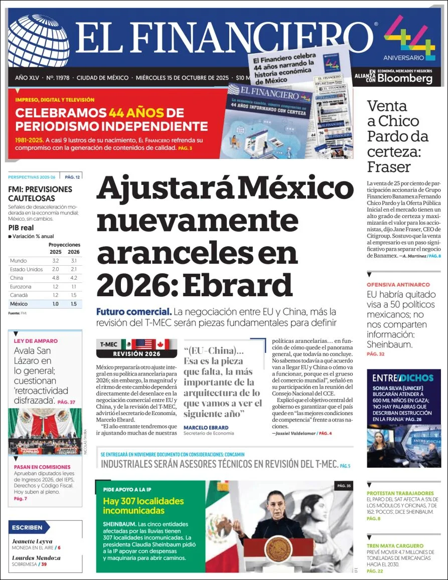 Portada de El Financiero del miércoles, 15 de octubre de 2025