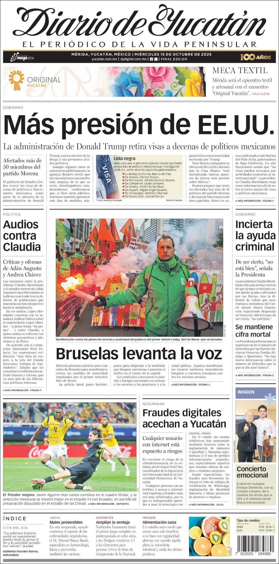 Portada de Diario de Yucatán del miércoles, 15 de octubre de 2025
