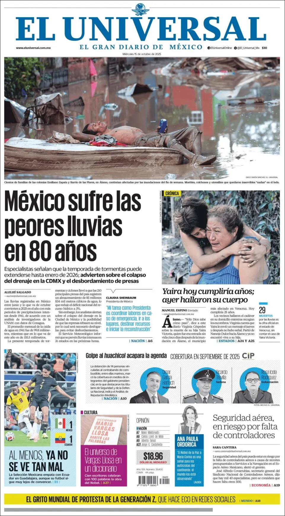 Portada de El Universal del miércoles, 15 de octubre de 2025
