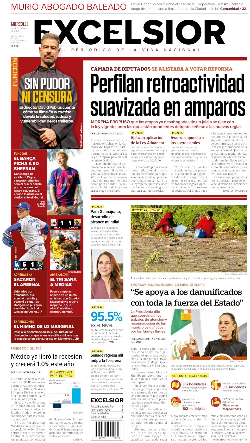Portada de Excelsior del miércoles, 15 de octubre de 2025