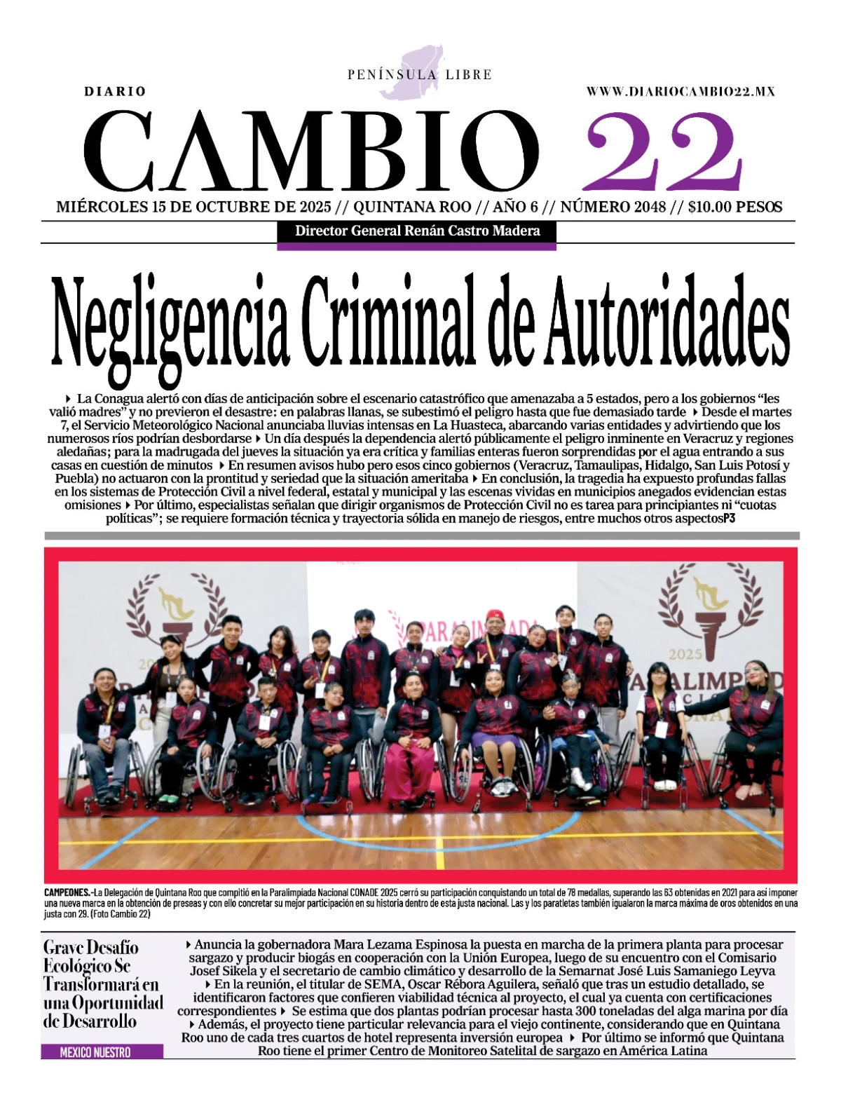 Portada de Diario Cambio 22 (portada) del miércoles, 15 de octubre de 2025