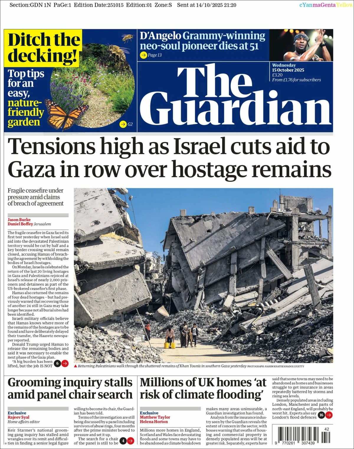 Portada de The Guardian (reino Unido) del miércoles, 15 de octubre de 2025