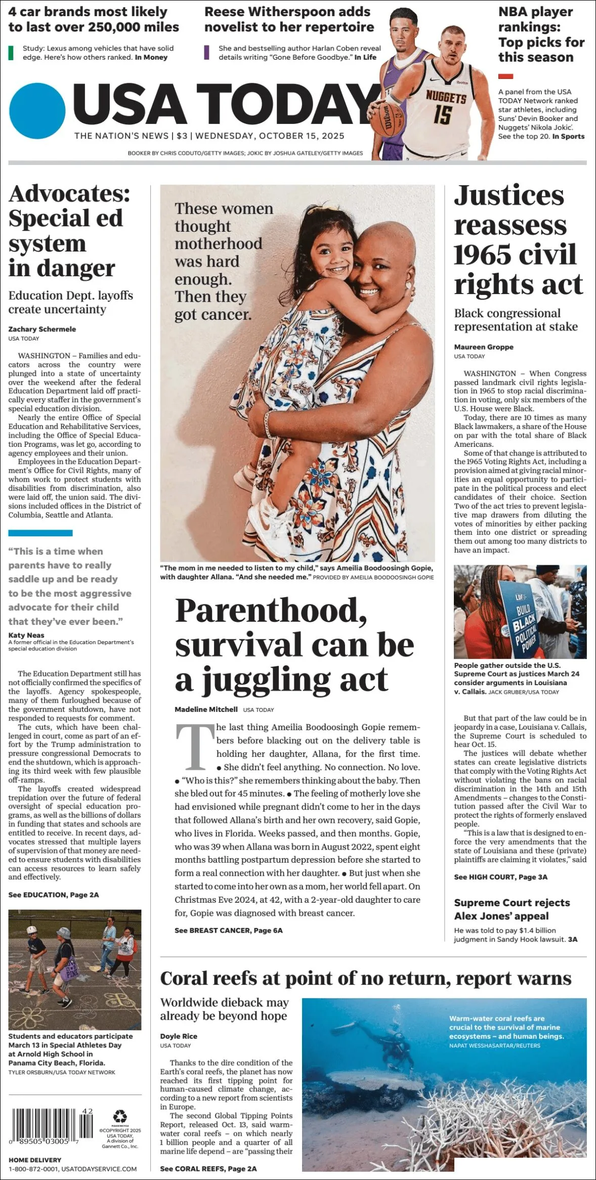 Portada de Usa Today del miércoles, 15 de octubre de 2025