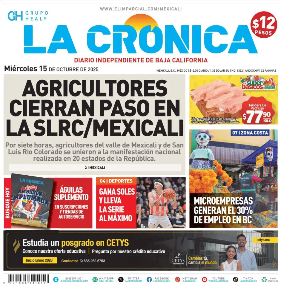 Portada de La Cronica del miércoles, 15 de octubre de 2025