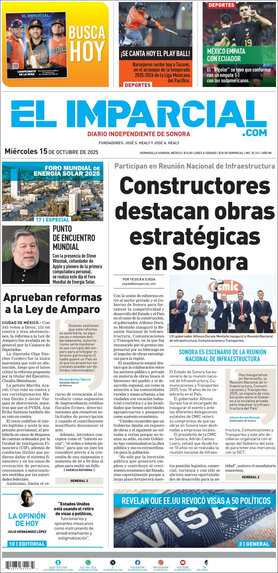 Portada de El Imparcial del miércoles, 15 de octubre de 2025