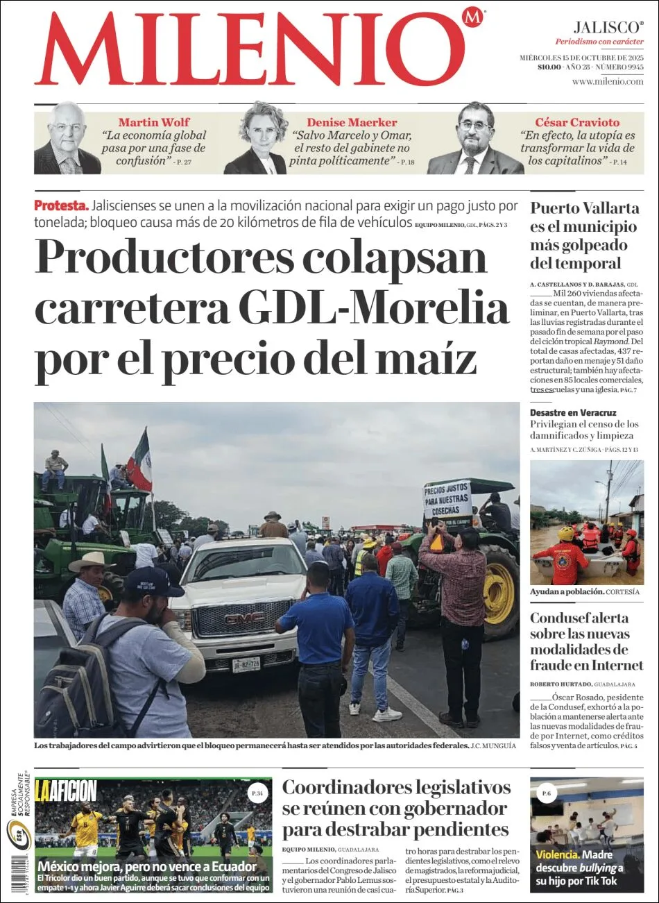 Portada de Milenio Jalisco del miércoles, 15 de octubre de 2025