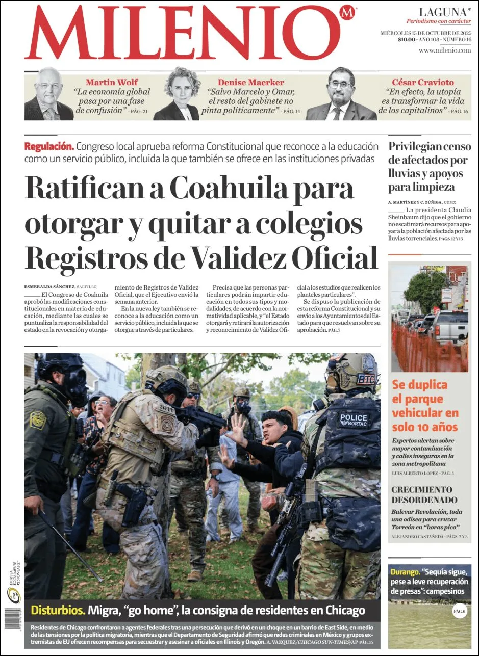 Portada de Milenio Laguna del miércoles, 15 de octubre de 2025