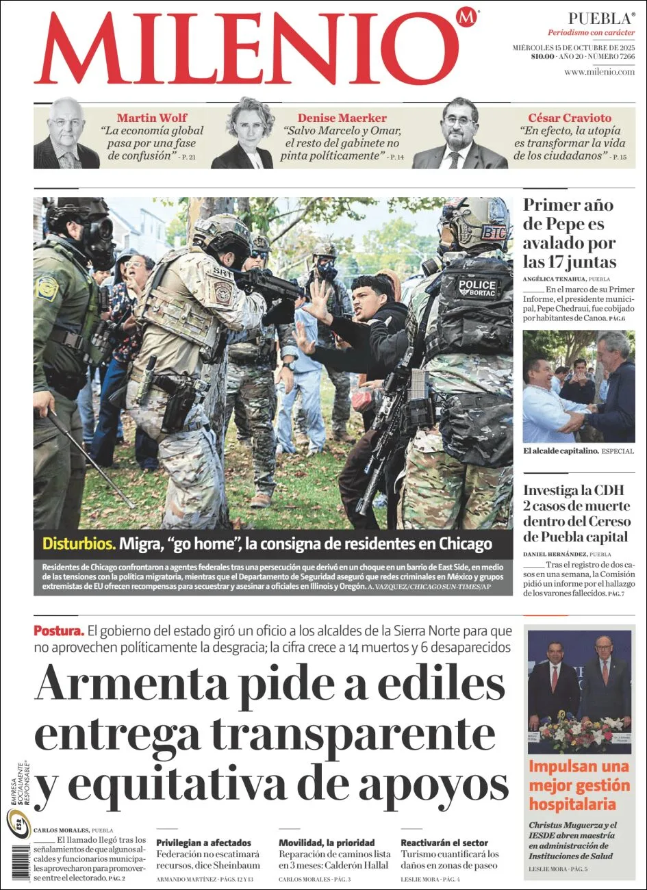 Portada de Milenio Puebla del miércoles, 15 de octubre de 2025