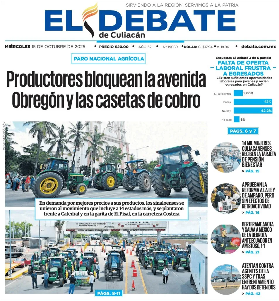 Portada de El Debate de Culiacan del miércoles, 15 de octubre de 2025