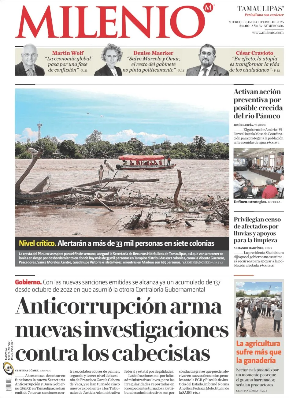 Portada de Milenio Tamaulipas del miércoles, 15 de octubre de 2025