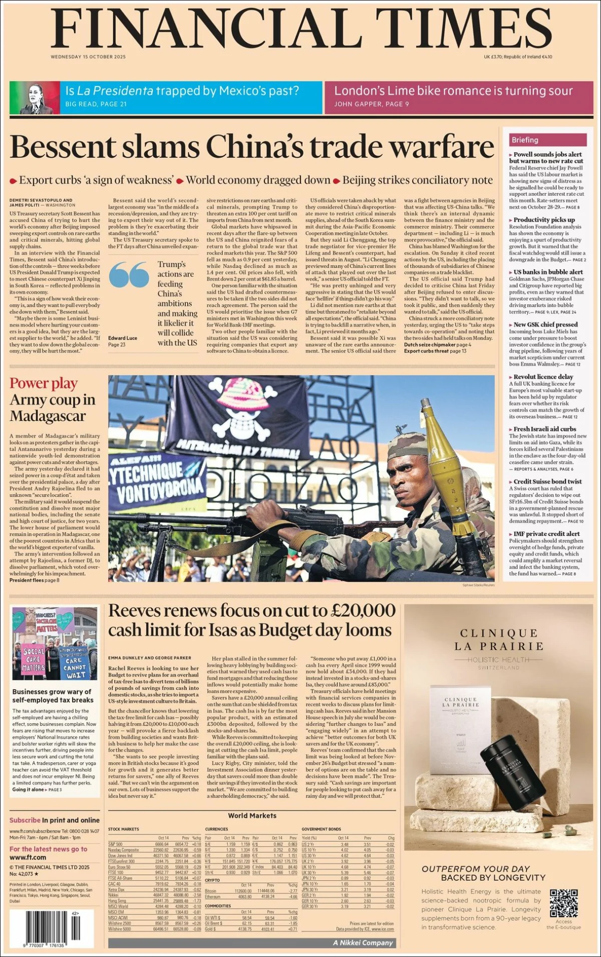 Portada de Financial Times del miércoles, 15 de octubre de 2025