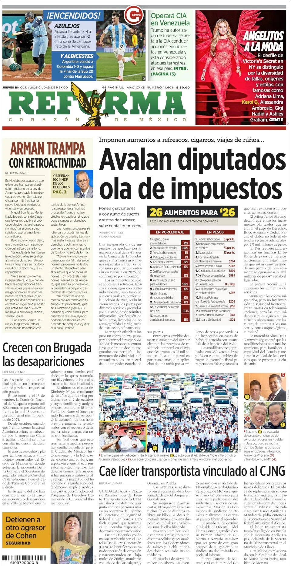 Portada de Reforma del jueves, 16 de octubre de 2025