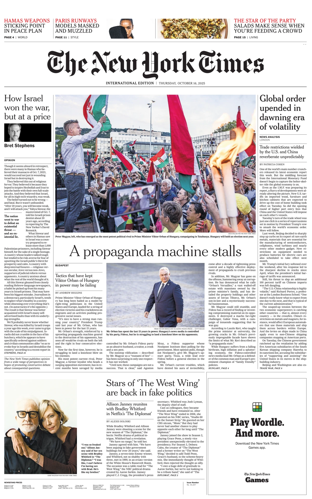 Portada de The New York Times (international) del jueves, 16 de octubre de 2025