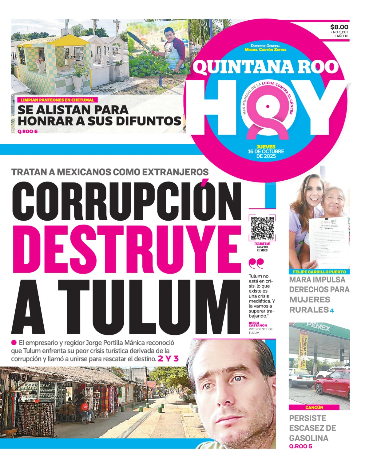 Portada de Quintana Roo Hoy (portada) del jueves, 16 de octubre de 2025