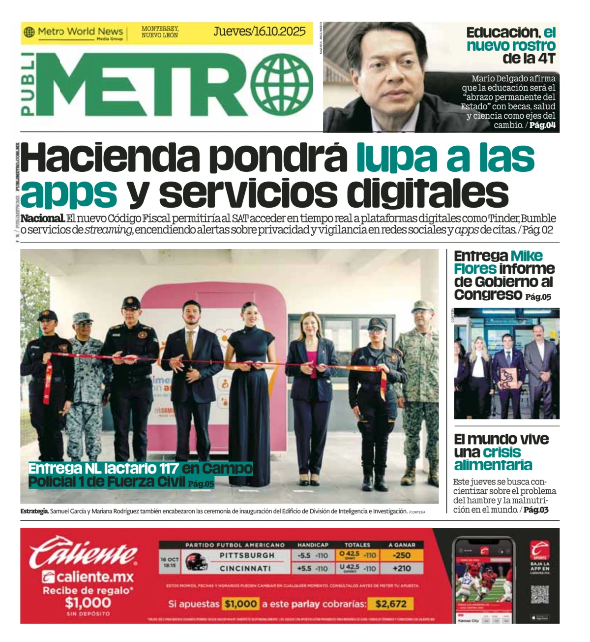 Portada de Publimetro Monterrey del jueves, 16 de octubre de 2025