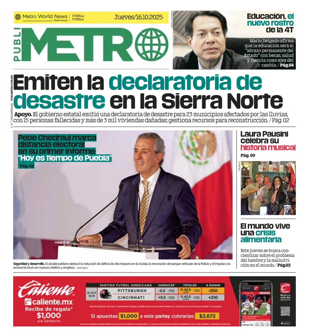 Portada de Publimetro Puebla del jueves, 16 de octubre de 2025
